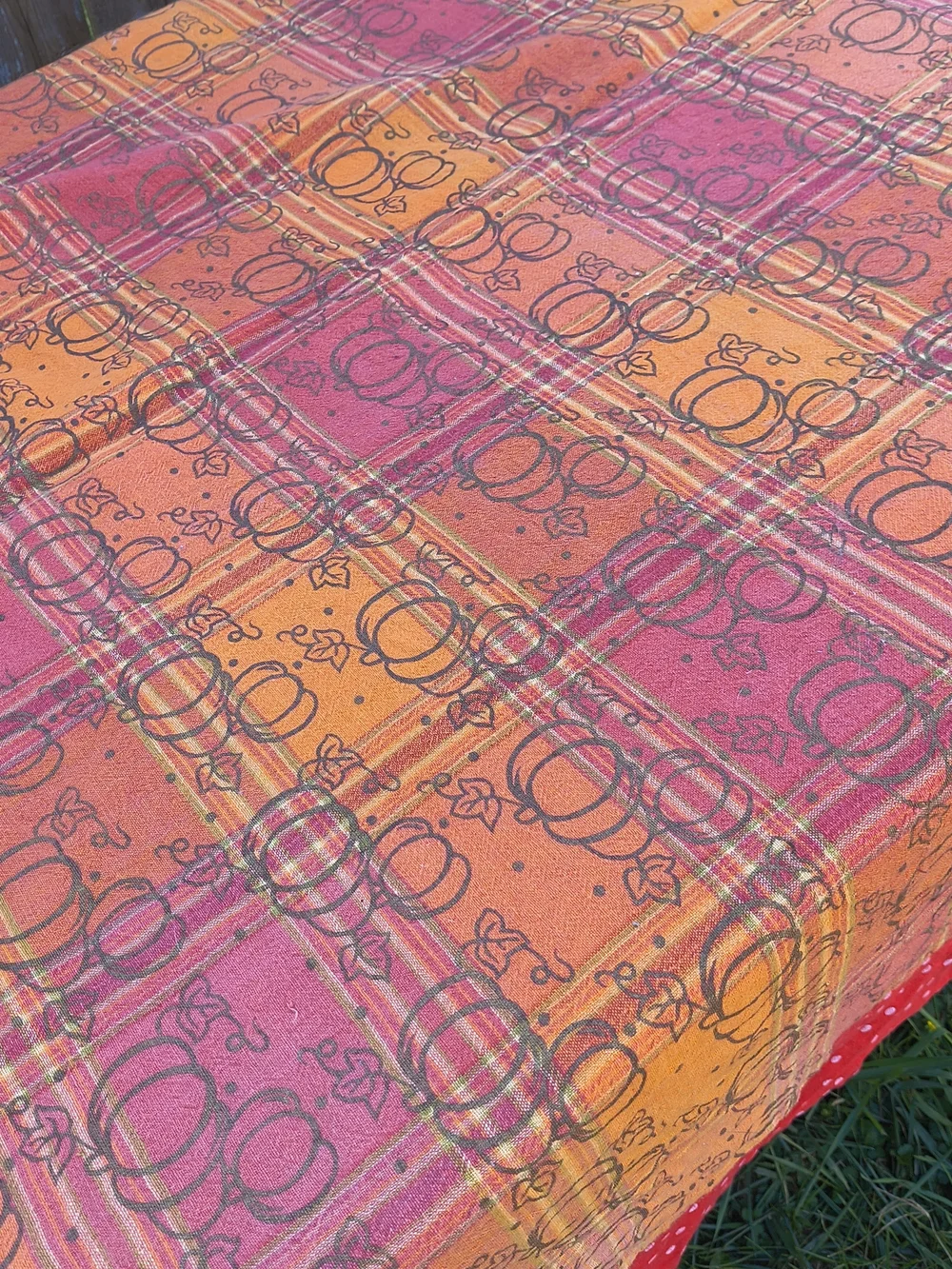 Vintage oblong rectangle orange plaid fall pumpkin Autumn tablecloth